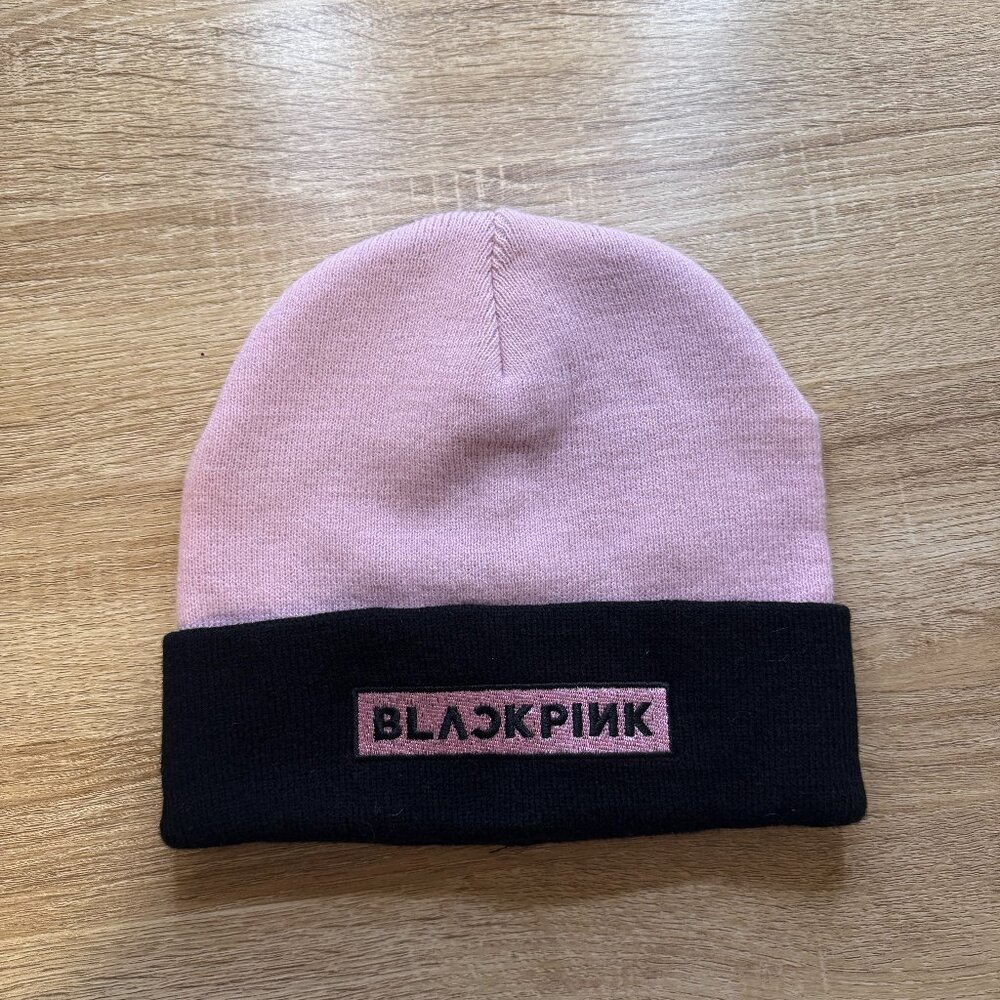 Blackpink Embroidered Logo Pink and Black Cuffed Knitted Beanie hat